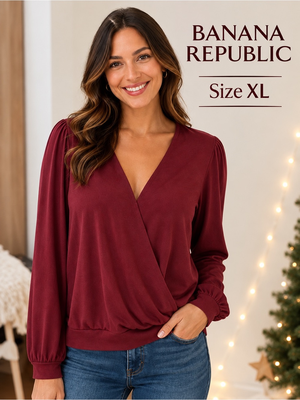 Banana Republic XL Burgundy Surplice Wrap Blouse Long Sleeve NWT